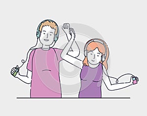 boy and girl with headphones and mp4 technology