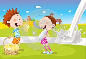 Boy and girl hold cheese and milk near the milky river on natural background - cartoon vector