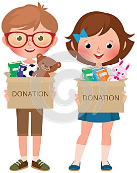 Boy and girl holding boxes of donate filled with toys and books