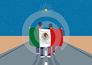 Boy and girl holding the flag of mexico while walking on the road to reach the stars