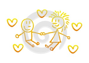 Boy and girl holding hands with a hearts. Symbol abstract cartoon drawing.