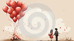 A boy and a girl holding hands and looking at a bunch of red balloons