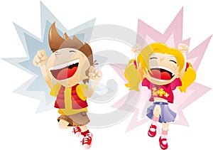 Boy and girl jumping laughing happy children