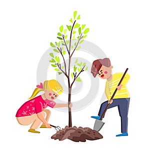 Boy And Girl Kids Planting Tree Together Vector