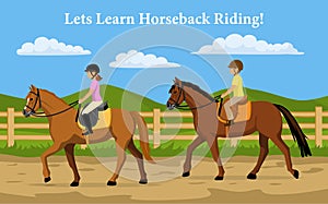 Boy and Girl Learning Horseback Riding. Countryside background