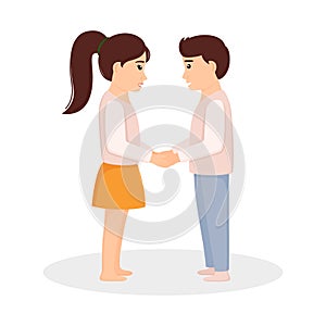 Boy and girl looking at each other and holding hands. The First love, vector illustration