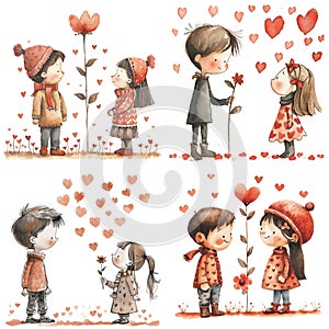 Boy and girl in love. Adorable watercolor nursery illustration for Valentine\'s Day greeting or Wedding Invitation cards. AI