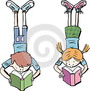 Boy and a girl are lying and eading books photo
