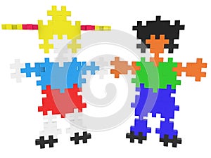 The boy and the girl are made of colorful puzzle pieces