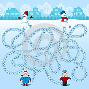 Boy and girl make two snowmen. Find whose is where? Children`s picture with a riddle