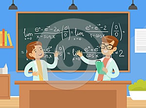 Boy and Girl Mathematicians Characters Writing Formulas On Blackboard, Children Education Concept Cartoon Vector