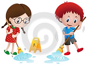 Boy and girl mopping wet floor