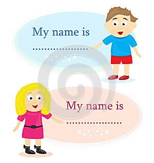 Boy and girl with name card