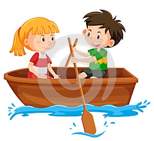 Boy and girl paddle the boat on white background