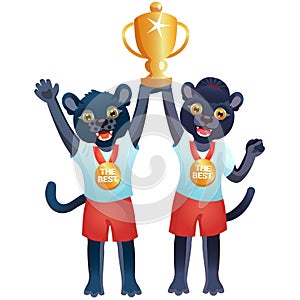 Boy and girl panthers in sport uniform are rising high the gold goblet