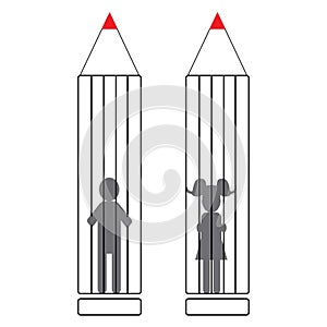 Boy and girl in a pencil prison, inappropriate education concept
