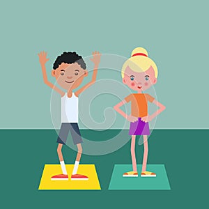 Boy and girl perform physical fitness exercise