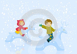 Boy and girl plaing outdoore in winter day