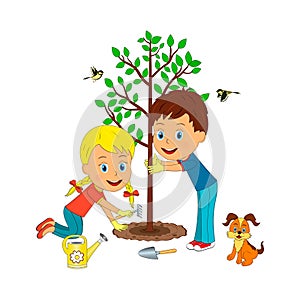 Boy and girl plant tree