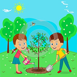 Boy and girl plant tree