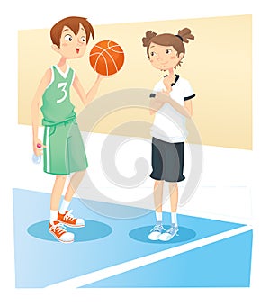 Boy and girl playing basket ball