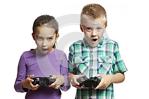Boy and girl playing games console