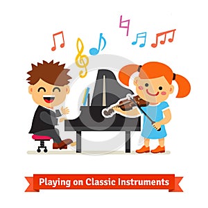 Boy and girl playing music on piano, violin