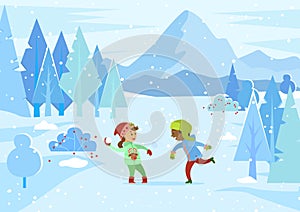 Boy and Girl Playing Snowball Fight in Winter