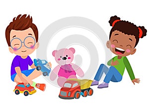 a boy and girl playing with toys and a teddy bear