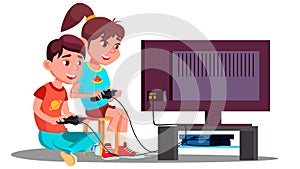 Boy And Girl Playing Video Games Together Vector. Isolated Illustration