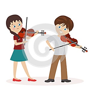 Boy and a girl are playing the violin. Music lessons. Flat character isolated on white background. Vector, illustration