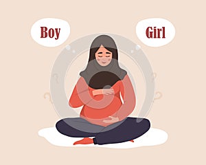 Boy or girl. Pregnant dreaming about of her future baby. Gender of child. Cute arabian woman in lotus position hugs
