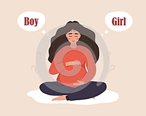 Boy or girl. Pregnant dreaming about of her future baby. Gender of child. Cute woman in lotus position hugs her tummy