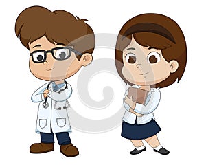 Boy and girl in profession`s costume of doctor.