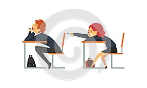 Boy and Girl Pupil or Student Sitting at Desk Having School Lesson Side View Vector Set