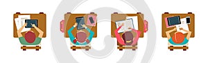 Boy and Girl Pupil or Students Sitting at Desk Top View Vector Set