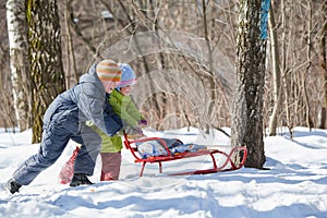 Boy and girl push sledge in winter in wood photo