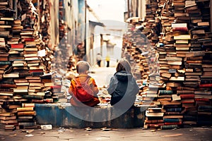 A boy and a girl read books on the street among tall piles of books, an improvised library on the street
