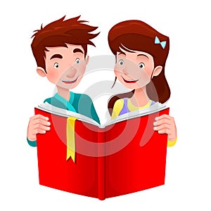Boy and girl are reading a book.