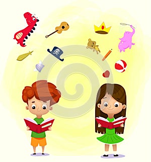 Boy and girl reading a book and objects flying out