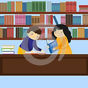 Boy and girl reading books in library. Vector illustration