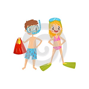 Boy and girl ready to snorkeling. Kids with diving goggles and flippers. Summer outdoor activity. Recreation at sea