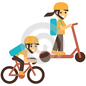 Boy and girl riding to school set. Entrance to school. Vector