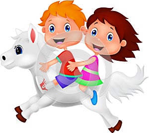 Boy and girl riding a white horse