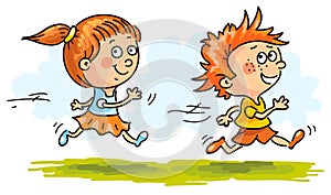 Boy and girl running quickly