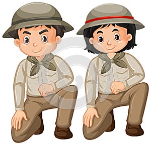 Boy and girl in safari outfit on white background