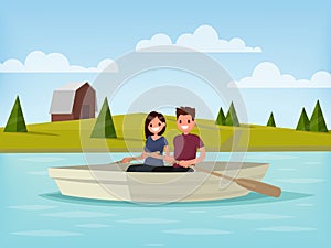 Boy and girl are sailing on a boat. Young couple is relaxing on