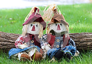 Boy and girl scarecrows sitting on grass by log next to a lake photo