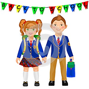 Boy and girl in a school uniform holding hand.