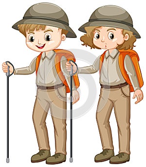 Boy and girl in scout uniform with walking stick